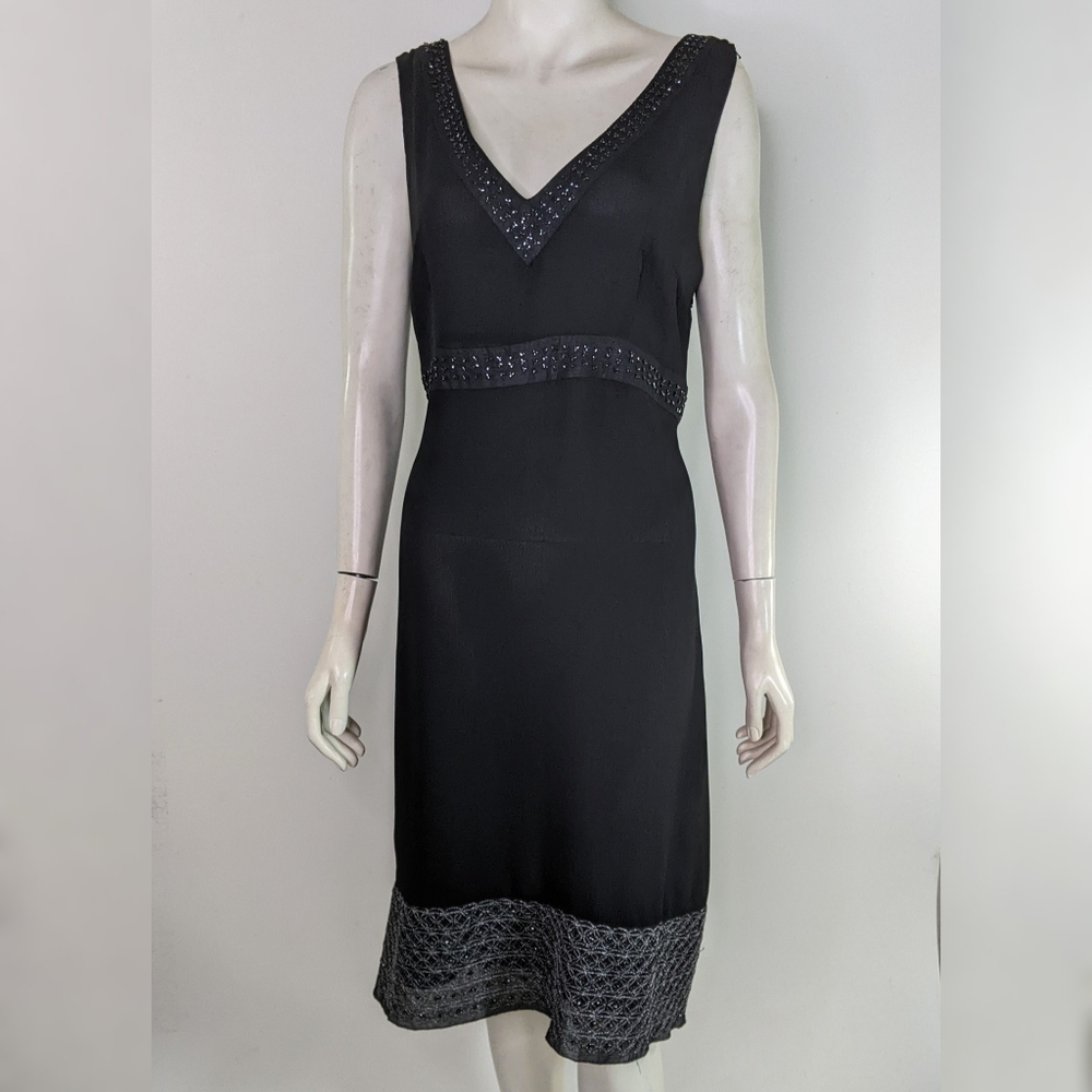 Black Dress 14 Silver Embroidery Lined V-Neck Sigrid Olsen Classic Evening Date